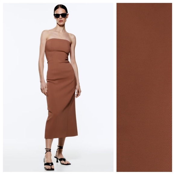 Zara Dresses & Skirts - NWT. Zara Brown Bustier Strapless Midi Dress. Size S.